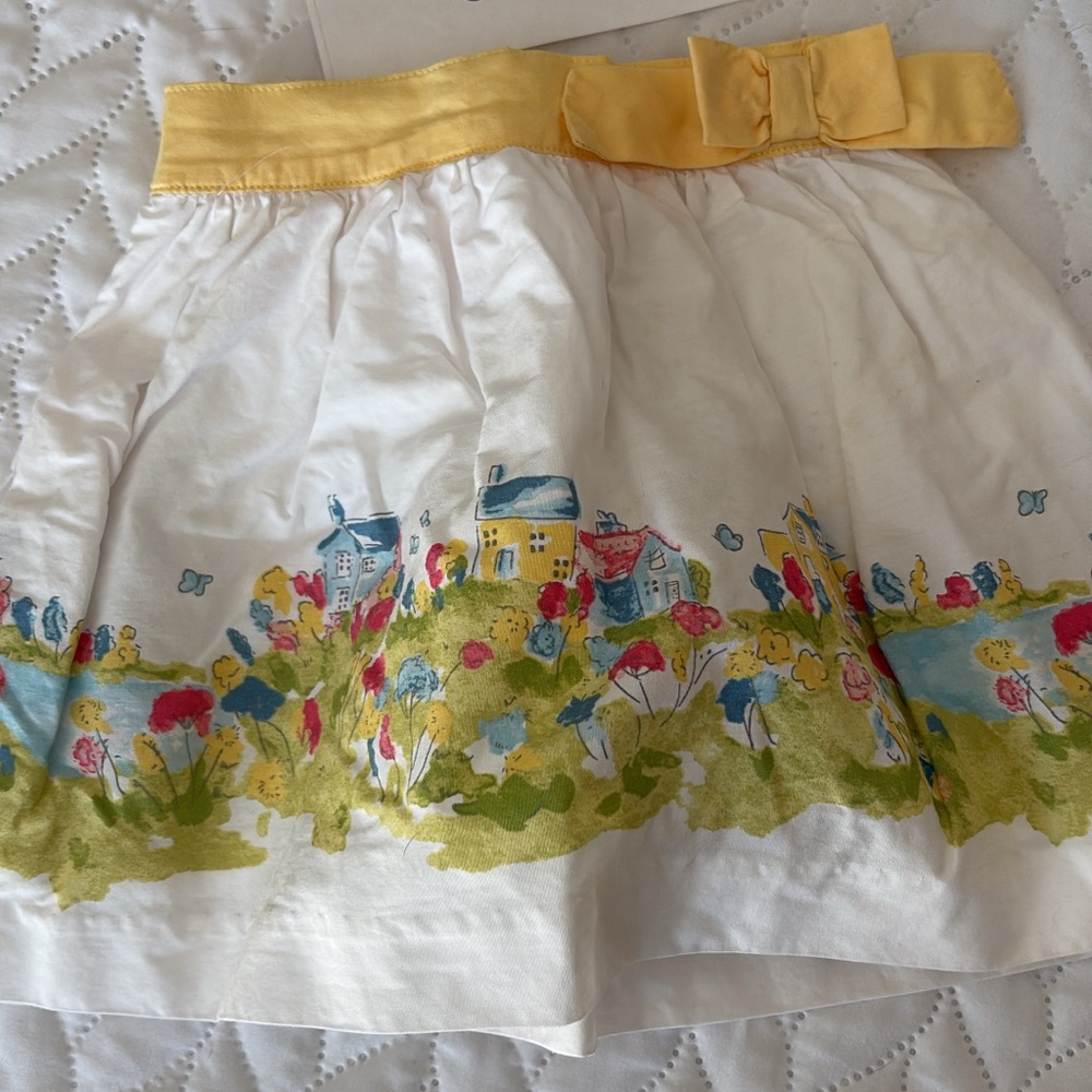 Janie and Jack White Skirt with Yellow Bow and Colorful Village Print 6m